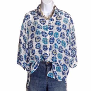 Vintage Oversized Blue Teal Print Long Blouse Top